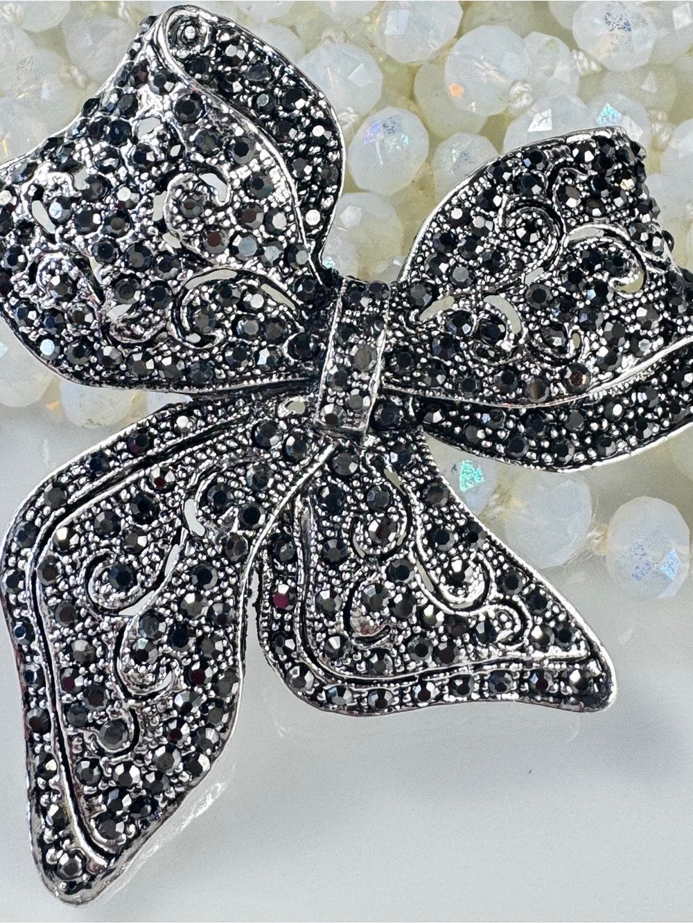 Vintage Black Crystal Bow Brooch - Silver Accents